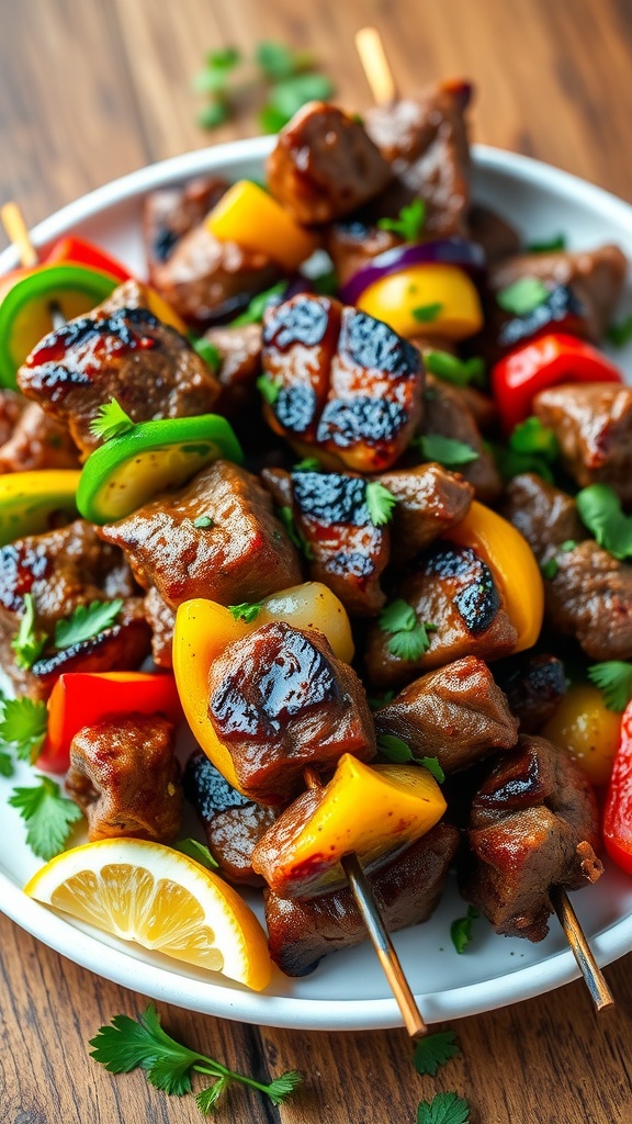 Flavorful Whole30 Steak Kabob Marinade Recipe Grilled steak kabobs on skewers with colorful bell peppers and onions, garnished with lemon and herbs.